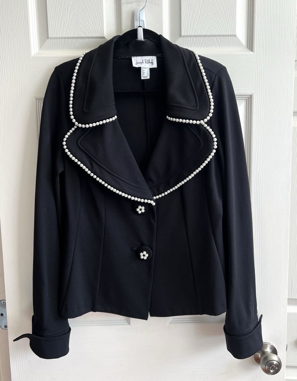 JOSEPH RIBKOFF Women's Black Pearl Trim Stretch Artsy Blazer Jacket Sz 12
